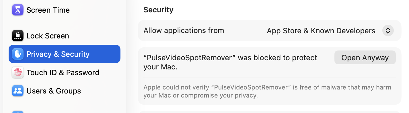 Open Anyway button for PulseVideoSpotRemover in macOS Privacy and Security settings