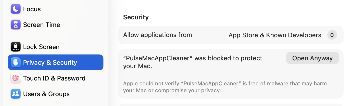 Example Open Anyway button in macOS Privacy and Security settings